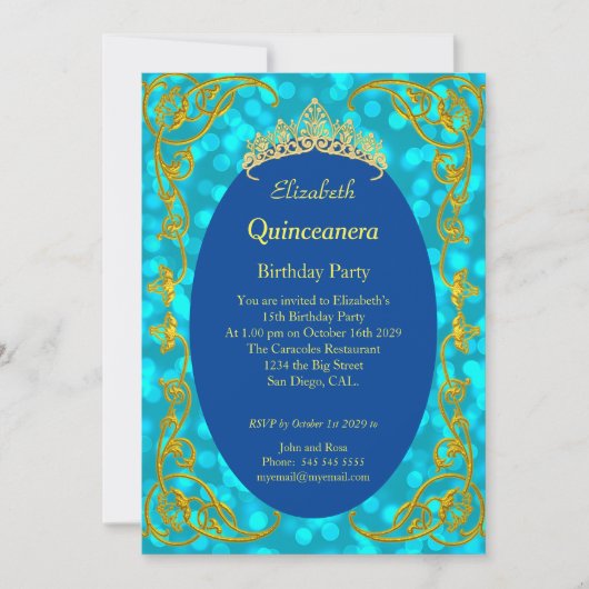 Quinceanera Geburtstagsparty Aquamarin Gold Einlad Einladung (Vorderseite)