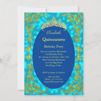 Quinceanera Geburtstagsparty Aquamarin Gold Einlad Einladung