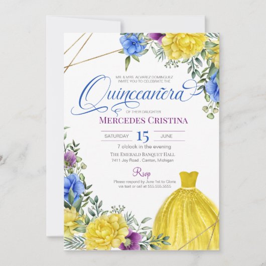 Quinceañera Gelbes Kleid helle Blume Einladung (Vorderseite)