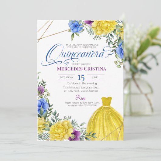 Quinceañera Gelbes Kleid helle Blume Einladung (Stehend Vorderseite)