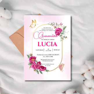 Quinceañera Geometric Pink Fuchsia Floral Gold Einladung