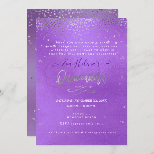 Quinceañera , geschrieben in den Sternen, DIY Lila Einladung (Vorne/Hinten)