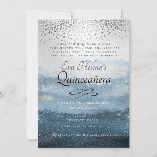 Quinceañera , geschrieben in den Sternen, Silver S Einladung (Vorderseite)