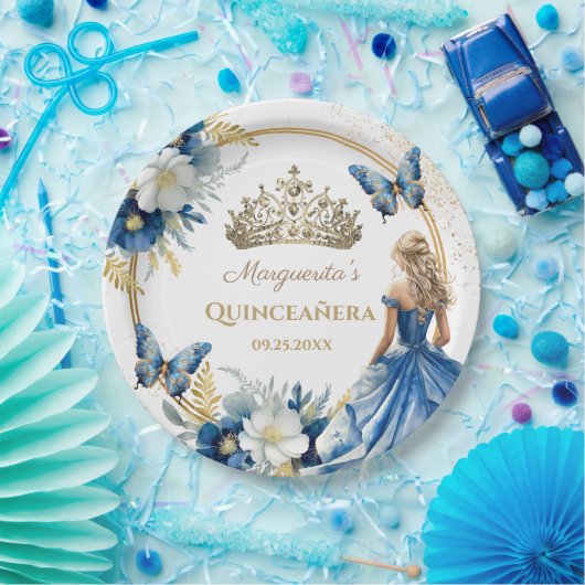 Quinceañera Girl Blue Floral Gold Tiara Butterfly Pappteller (Party)