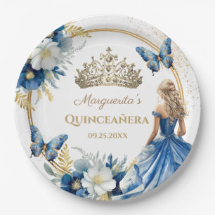 Quinceañera Girl Blue Floral Gold Tiara Butterfly Pappteller