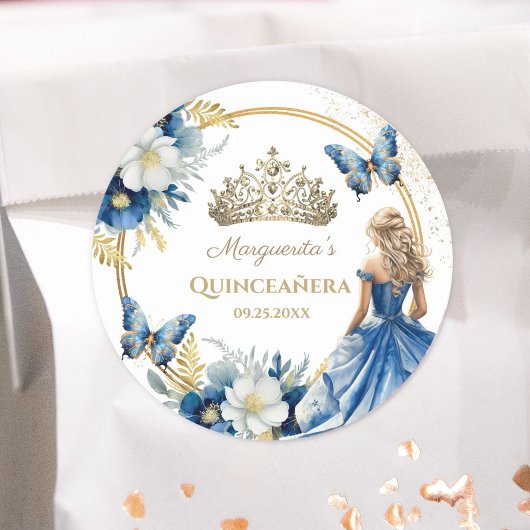 Quinceañera Girl Blue Floral Gold Tiara Butterfly Runder Aufkleber