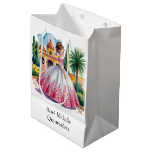 Quinceañera Girl in Rosa und Weiß Gown Mittlere Geschenktüte