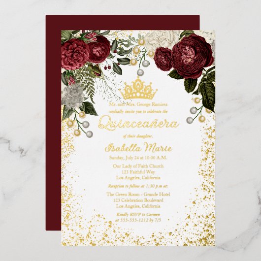 Quinceañera Glam Burgundy Rose Floral Geburtstag Folieneinladung (Vorderseite/Rückseite)