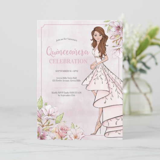 Quinceañera Glamour Girl Birthday Einladung (Stehend Vorderseite)
