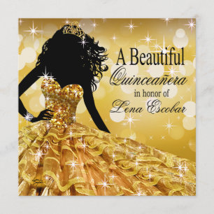 Quinceanera Glitzer Ball Gown Gold Einladung