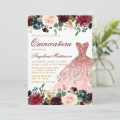 Quinceanera Glitzer Dress Burgundy Floral Gold Einladung (Stehend Vorderseite)
