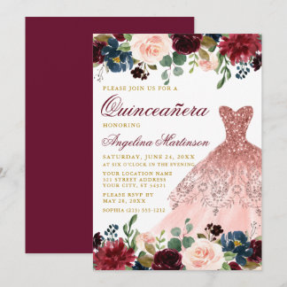 Quinceanera Glitzer Dress Burgundy Floral Gold Einladung