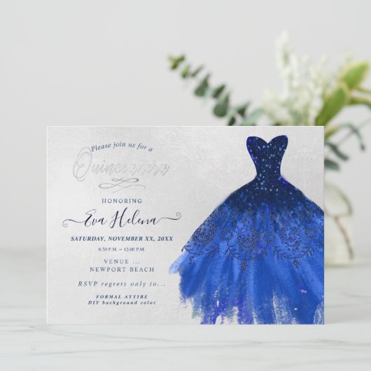 Quinceañera , Glitzer gegossen, Navy Blue Einladung (Stehend Vorderseite)