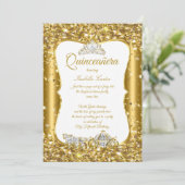 Quinceanera Glitzer Märchengladengartiges Gold Car Einladung (Stehend Vorderseite)