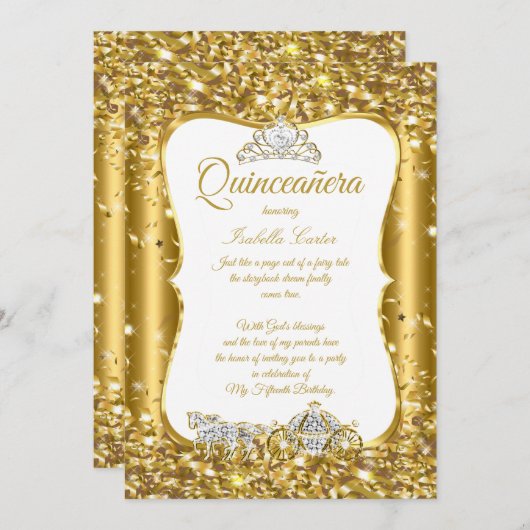 Quinceanera Glitzer Märchengladengartiges Gold Car Einladung (Vorne/Hinten)