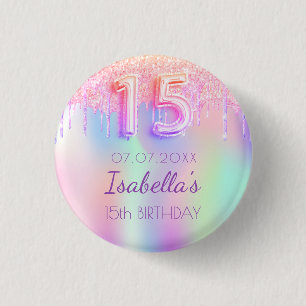 Quinceanera Glitzer Regenbogen Rosa Name Monogramm Button