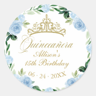 Quinceanera God Tiara Baby Blue Floral Runder Aufkleber