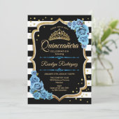 Quinceanera - Gold Black Blue Einladung (Stehend Vorderseite)