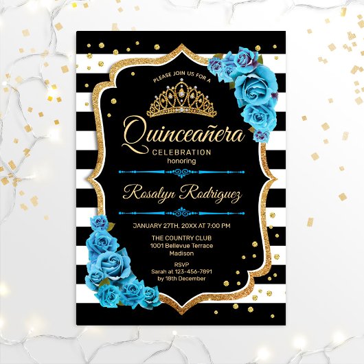Quinceanera - Gold Black Blue Einladung
