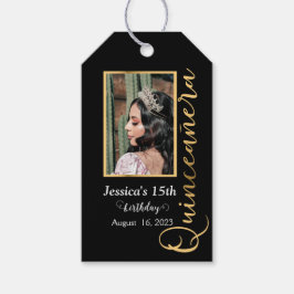 Quinceanera Gold Black Foto Elegantes Geschenk-Tag Geschenkanhänger