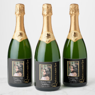 Quinceanera Gold Black Foto Sparkling Wine Label Schaumweinetikett