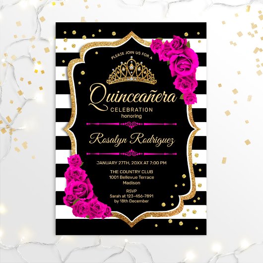 Quinceanera - Gold Black Pink Einladung