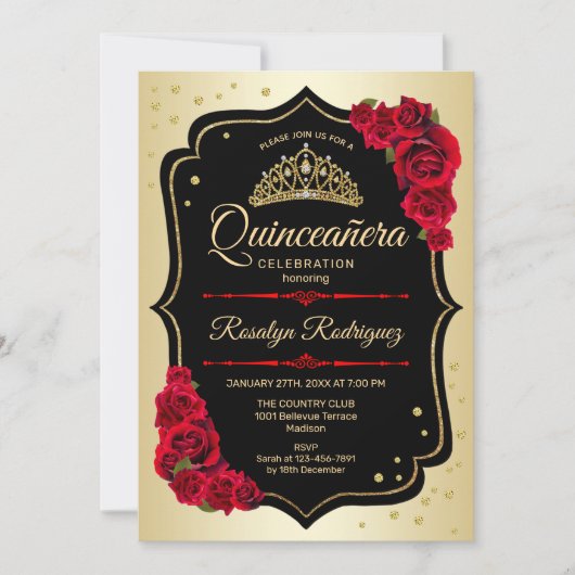 Quinceanera - Gold Black Red Einladung (Vorderseite)