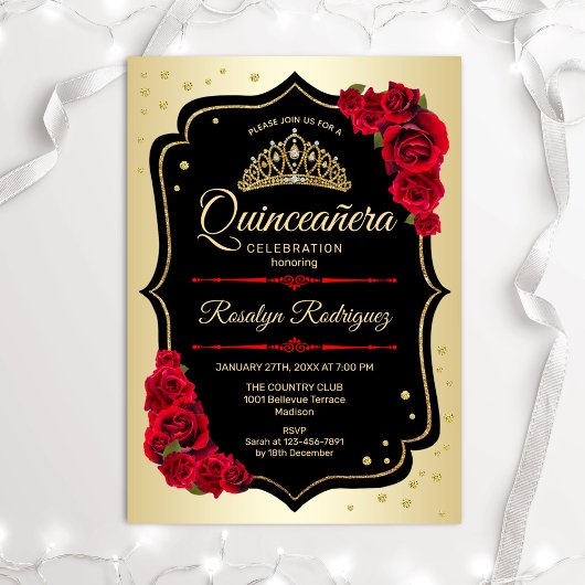 Quinceanera - Gold Black Red Einladung