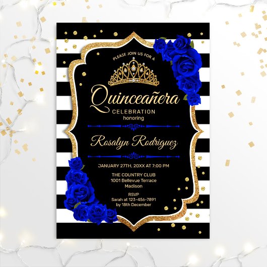Quinceanera - Gold Black Royal Blue Einladung