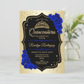 Quinceanera - Gold Black Royal Blue Einladung (Stehend Vorderseite)