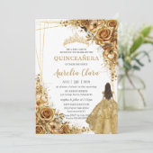 Quinceañera Gold Blume Blumendruckkleid Einladung (Stehend Vorderseite)