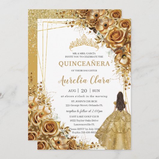 Quinceañera Gold Blume Blumendruckkleid Einladung (Vorne/Hinten)