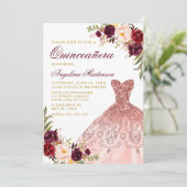 Quinceanera Gold Burgund Blumenkleid Glitzer Dress Einladung (Stehend Vorderseite)