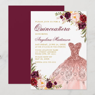 Quinceanera Gold Burgund Blumenkleid Glitzer Dress Einladung