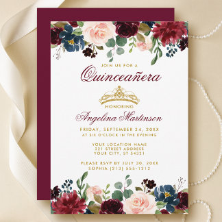 Quinceanera Gold Crown Burgund Blue Floral Einladu Einladung