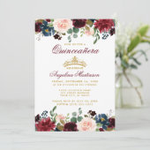 Quinceanera Gold Crown Burgund Blue Floral Foto Einladung (Stehend Vorderseite)