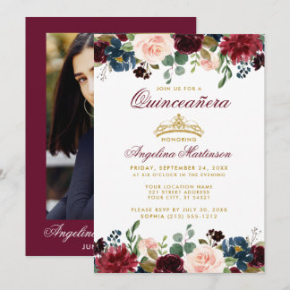 Quinceanera Gold Crown Burgund Blue Floral Foto Einladung