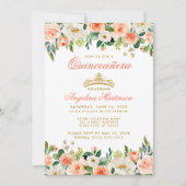 Quinceanera Gold Crown Coral Floral Einladung (Vorderseite)