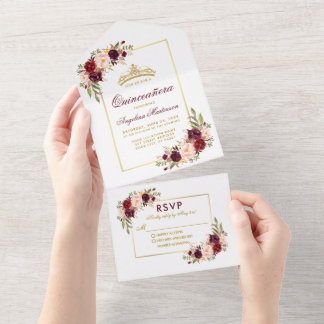 Quinceanera Gold Crown Watercolor Burgund Blütenwe All In One Einladung