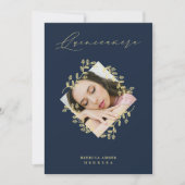 Quinceañera Gold Diamond Wildflower Navy Photo Einladung (Vorderseite)