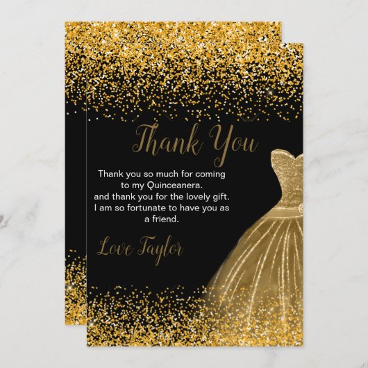 Quinceanera Gold Dress Faux Glitter Dankeskarte (Vorne/Hinten)