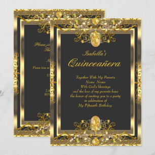 Quinceanera Gold-Edelsteine Schwarz 15. Geburtstag Einladung
