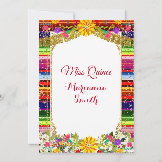 Quinceanera Gold farbenfrohe mexikanische Miss Qui Einladung (Rückseite)