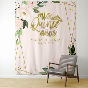 Quinceanera Gold Foil Blush Pink Flora Hintergrund Wandteppich