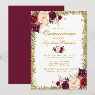 Quinceanera Gold Glitzer Burgund Floral Einladung 