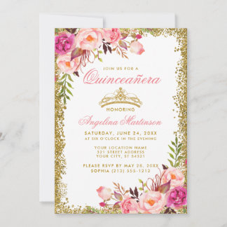 Quinceanera Gold Glitzer Crown Pink Floral Einladung