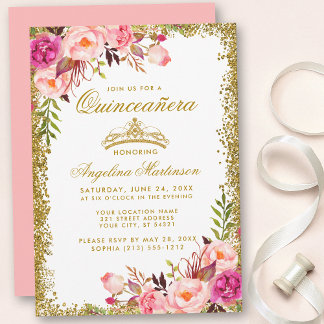 Quinceanera Gold Glitzer Crown Pink Floral Einladung
