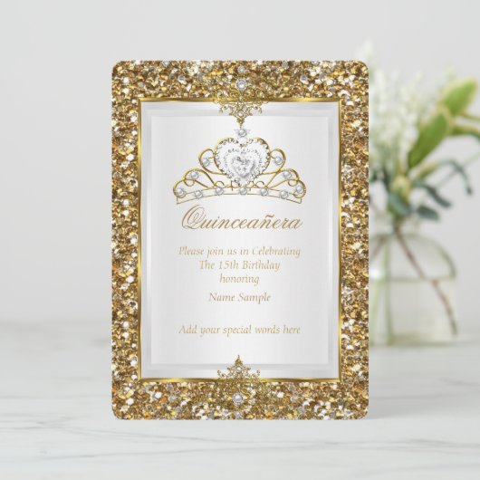 Quinceanera Gold Glitzer White Pearl Tiara 2 Einladung (Stehend Vorderseite)