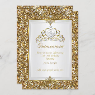 Quinceanera Gold Glitzer White Pearl Tiara 2 Einladung