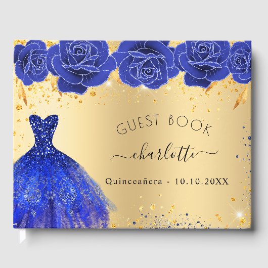 Quinceanera Gold königsblauen Kleid Blume Glitzer Gästebuch (Vorderseite)
